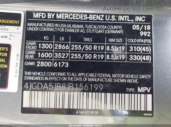 4JGDA5JB8JB156199 2018 MERCEDES-BENZ GLE 350 Gray Vista del compartimento del motor