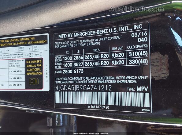 4JGDA5JB9GA741212 2016 MERCEDES-BENZ GLE 350 Черный 
