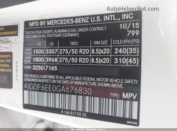 4JGDF6EE0GA676830 2016 MERCEDES-BENZ GL 450 White Շարժիչի բաժամունքի տեսք
