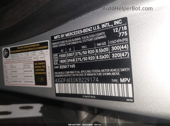 4JGDF6EE0KB229174 2019 MERCEDES-BENZ GLS 450 Gray Вид підкапотного простору
