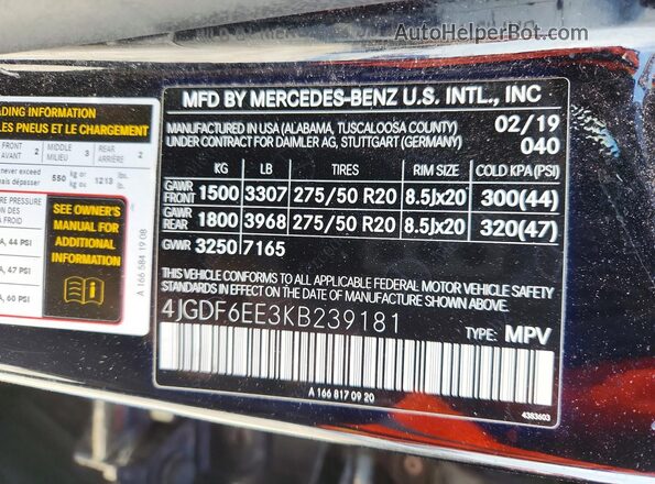 4JGDF6EE3KB239181 2019 MERCEDES-BENZ GLS Black VIN կոդի պիտակի տեսք