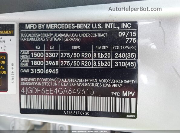 4JGDF6EE4GA649615 2016 MERCEDES-BENZ GL 450 White Вид підкапотного простору