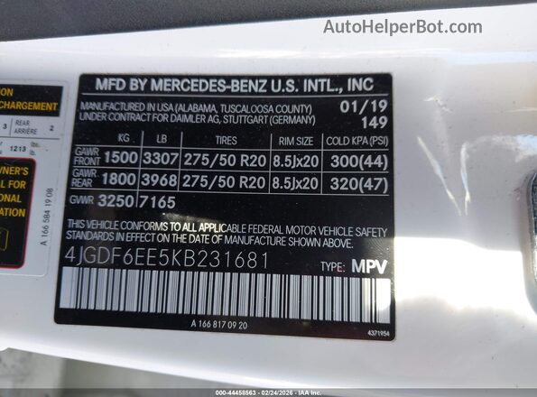 4JGDF6EE5KB231681 2019 MERCEDES-BENZ GLS 450 White Вид підкапотного простору