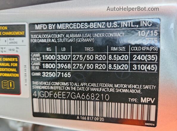 4JGDF6EE7GA668210 2016 MERCEDES-BENZ GL-CLASS Silver Вид наклейки з VIN-кодом