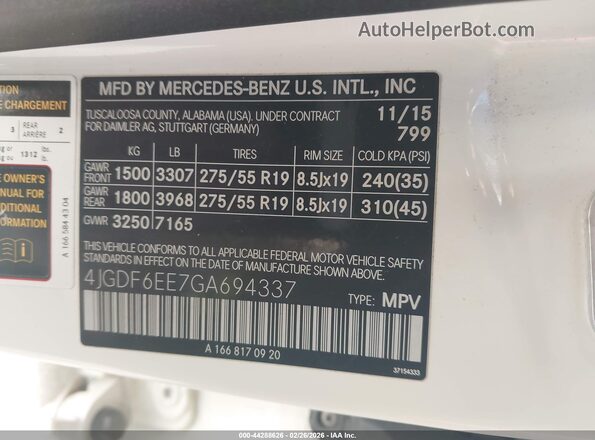 4JGDF6EE7GA694337 2016 MERCEDES-BENZ GL 450 White Вид підкапотного простору