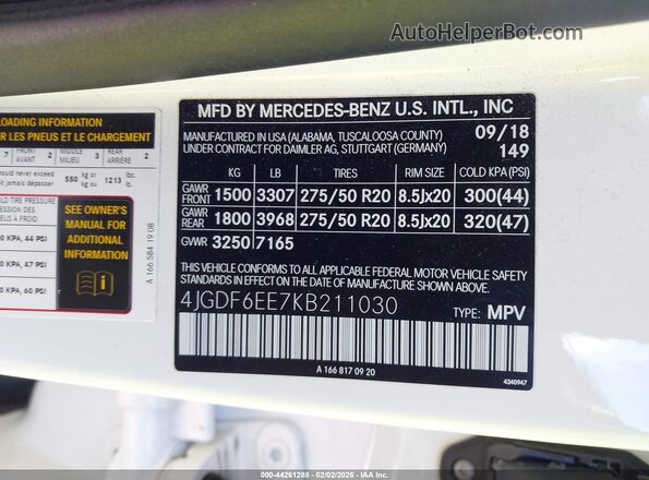 4JGDF6EE7KB211030 2019 MERCEDES-BENZ GLS 450 White Widok komory silnika