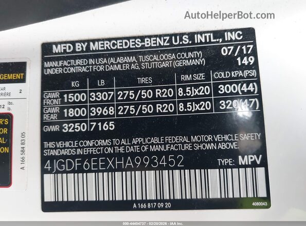 4JGDF6EEXHA993452 2017 MERCEDES-BENZ GLS 450 White Շարժիչի բաժամունքի տեսք