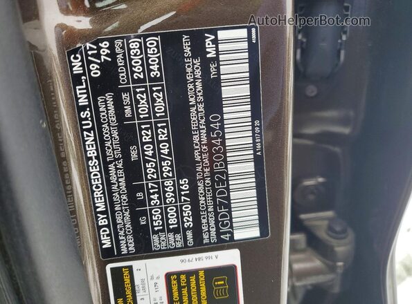 4JGDF7DE2JB034540 2018 MERCEDES-BENZ GLS Brown Vista de la etiqueta del VIN