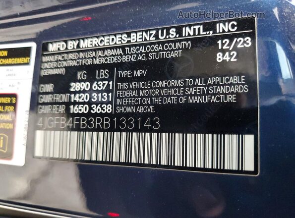 4JGFB4FB3RB133143 2024 MERCEDES-BENZ GLE Blue VIN კოდის სტიკერის ხედი
