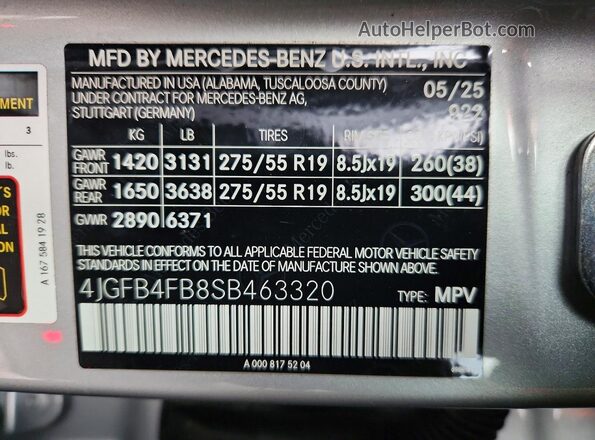 4JGFB4FB8SB463320 2025 MERCEDES-BENZ GLE Silver Вид наклейки з VIN-кодом