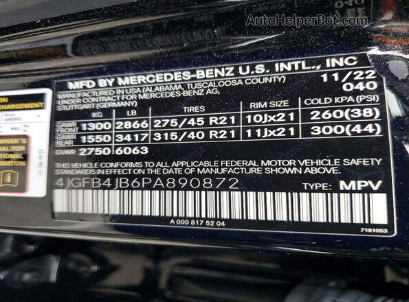 4JGFB4JB6PA890872 2023 MERCEDES-BENZ GLE Black Вид наклейки з VIN-кодом