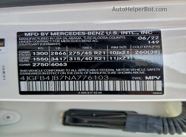 4JGFB4JB7NA776103 2022 MERCEDES-BENZ GLE White Widok naklejki z numerem VIN
