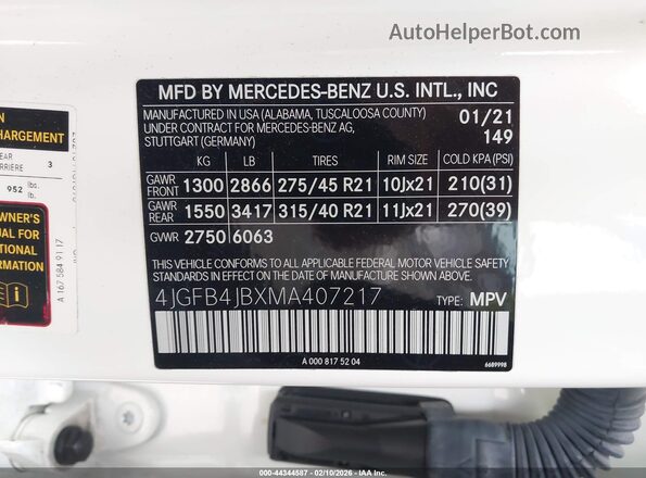 4JGFB4JBXMA407217 2021 MERCEDES-BENZ GLE 350 White 