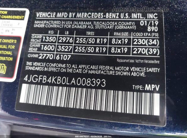 4JGFB4KB0LA008393 2020 MERCEDES-BENZ GLE 350 Blue Engine compartment view