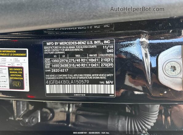 4JGFB4KB0LA150579 2020 MERCEDES-BENZ GLE 350 Black VIN sticker view