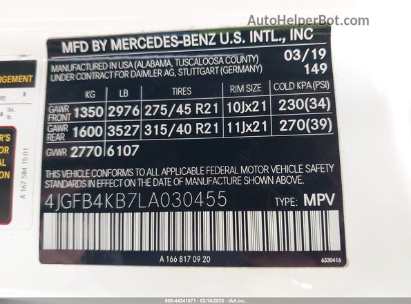 4JGFB4KB7LA030455 2020 MERCEDES-BENZ GLE 350 White Vista del compartimento del motor