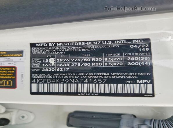 4JGFB4KB9NA741657 2022 MERCEDES-BENZ GLE White VIN sticker view