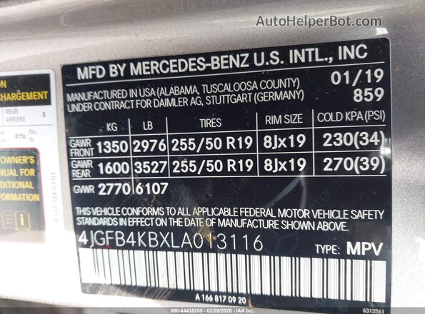 4JGFB4KBXLA013116 2020 MERCEDES-BENZ GLE 350 Silver Շարժիչի բաժամունքի տեսք