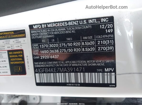 4JGFB4KE7MA391471 2021 MERCEDES-BENZ GLE 350 White Շարժիչի բաժամունքի տեսք