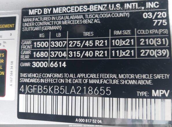 4JGFB5KB5LA218655 2020 MERCEDES-BENZ GLE 450 Silver Widok komory silnika