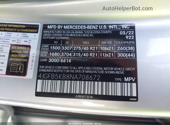 4JGFB5KB8NA708672 2022 MERCEDES-BENZ GLE 450 Silver Вид підкапотного простору