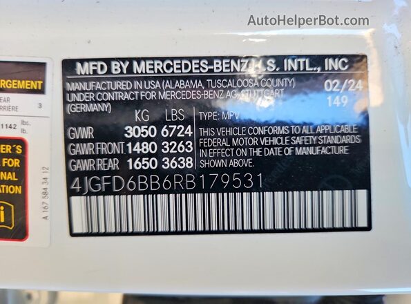 4JGFD6BB6RB179531 2024 MERCEDES-BENZ GLE White Vista de la etiqueta del VIN