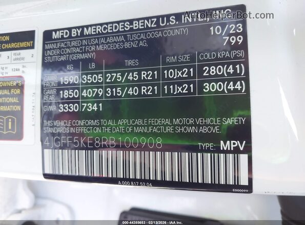 4JGFF5KE8RB100908 2024 MERCEDES-BENZ GLS 450 White Vista del compartimento del motor