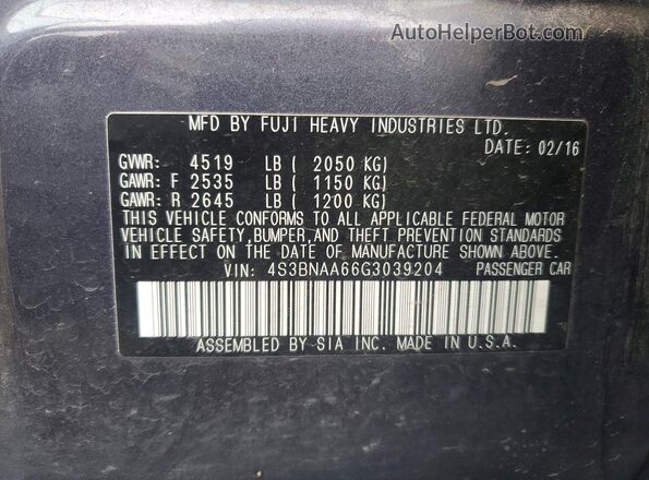 4S3BNAA66G3039204 2016 SUBARU LEGACY Blue Vista de la etiqueta del VIN