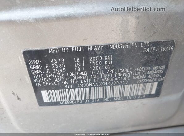 4S3BNAA6XH3030913 2017 SUBARU LEGACY Gray ძრავის განყოფილების ხედი