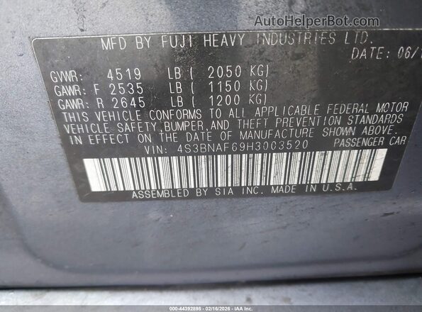 4S3BNAF69H3003520 2017 SUBARU LEGACY Blue Engine compartment view