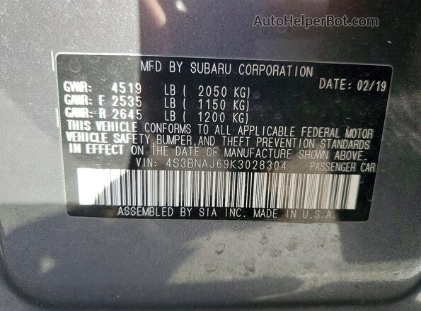 4S3BNAJ69K3028304 2019 SUBARU LEGACY Gray 