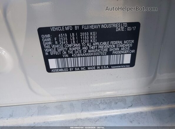 4S3BNAN66H3057522 2017 SUBARU LEGACY White Widok komory silnika