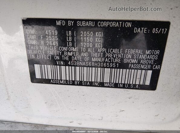 4S3BNAS68H3065951 2017 SUBARU LEGACY White Вид підкапотного простору