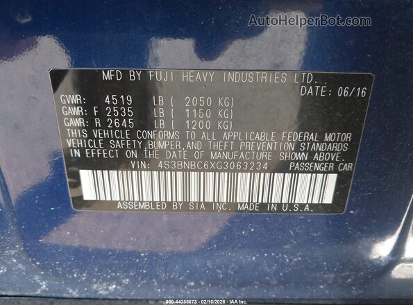 4S3BNBC6XG3063234 2016 SUBARU LEGACY Blue Вид підкапотного простору