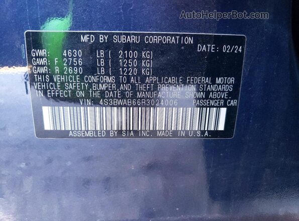 4S3BWAB66R3024006 2024 SUBARU LEGACY Blue Вид підкапотного простору