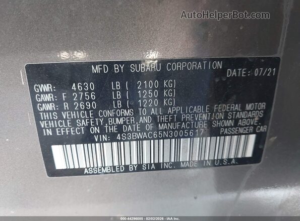 4S3BWAC65N3005617 2022 SUBARU LEGACY Серый Вид подкапотного пространства