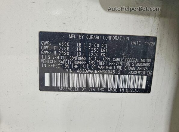4S3BWAC6XM3004512 2021 SUBARU LEGACY White 