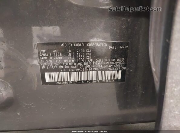 4S3BWAD61N3019870 2022 SUBARU LEGACY Серый Вид подкапотного пространства