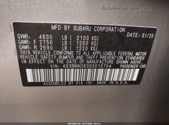 4S3BWAD63S3015704 2025 SUBARU LEGACY Gray Widok komory silnika