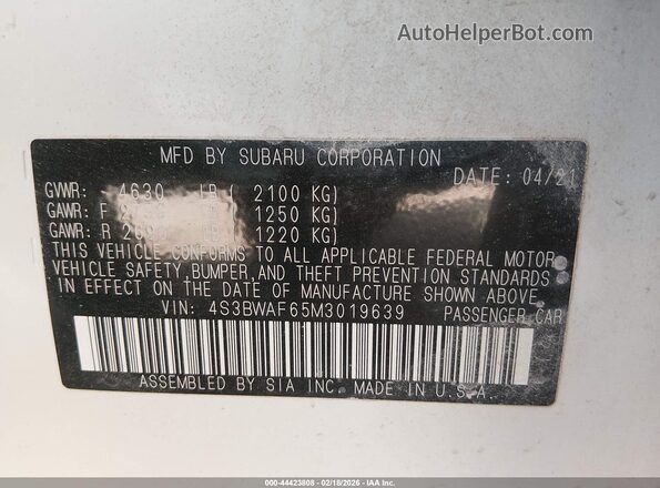 4S3BWAF65M3019639 2021 SUBARU LEGACY White Engine compartment view