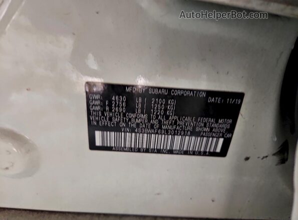 4S3BWAF69L3012918 2020 SUBARU LEGACY White ძრავის განყოფილების ხედი