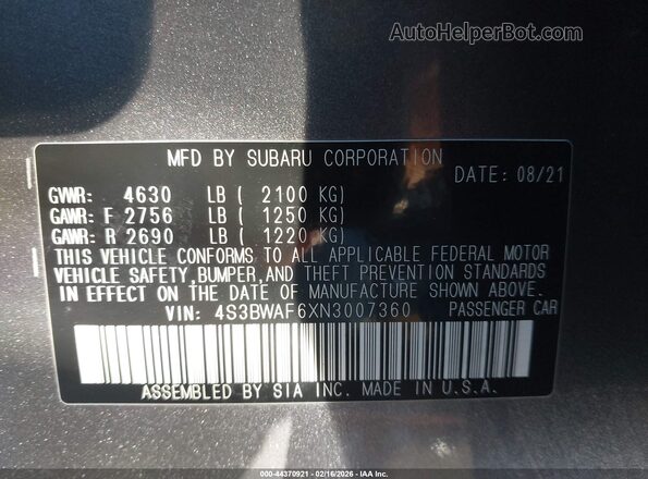 4S3BWAF6XN3007360 2022 SUBARU LEGACY Gray 