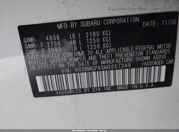 4S3BWGP65M3007248 2021 SUBARU LEGACY White 