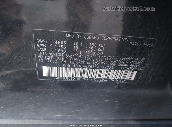 4S3BWGP66L3032223 2020 SUBARU LEGACY Black Вид підкапотного простору
