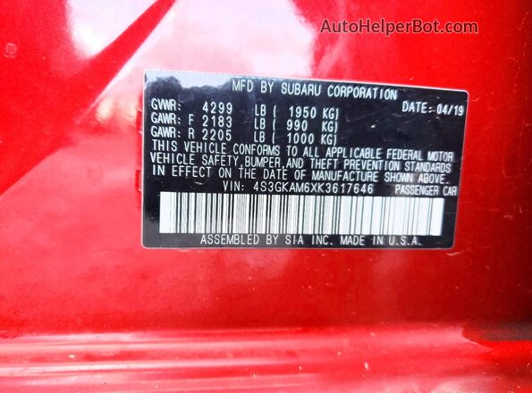 4S3GKAM6XK3617646 2019 SUBARU IMPREZA Red Widok naklejki z numerem VIN