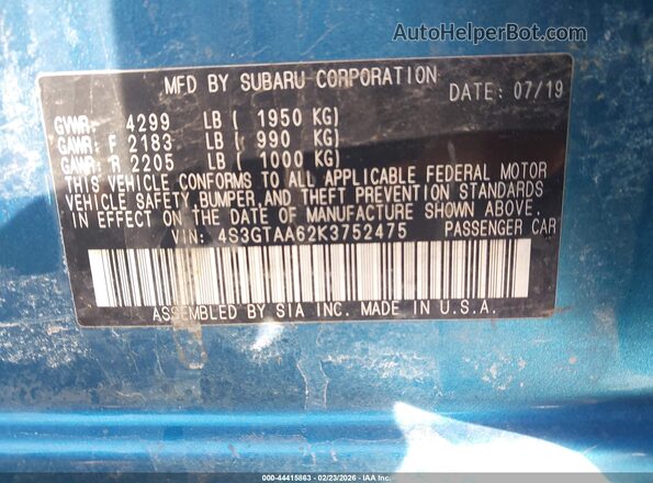4S3GTAA62K3752475 2019 SUBARU IMPREZA Синий 