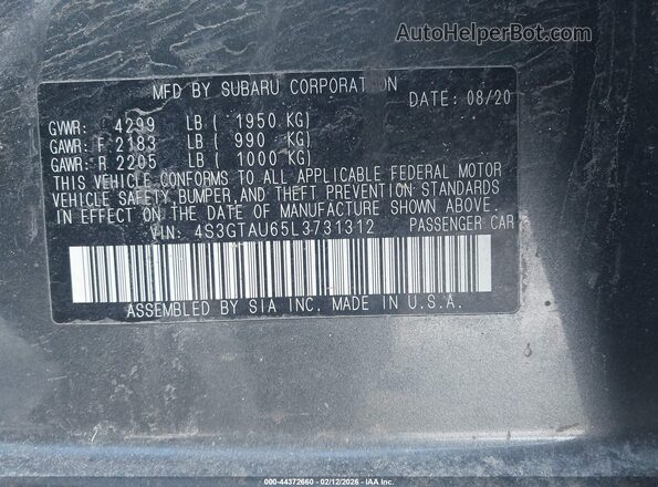 4S3GTAU65L3731312 2020 SUBARU IMPREZA Gray ძრავის განყოფილების ხედი