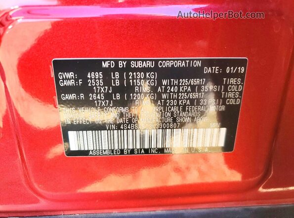 4S4BSABC3K3300807 2019 SUBARU OUTBACK Red Շարժիչի բաժամունքի տեսք