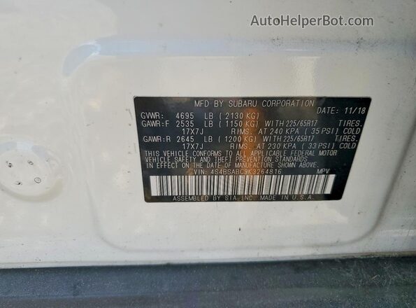4S4BSABC9K3264816 2019 SUBARU OUTBACK Белый 