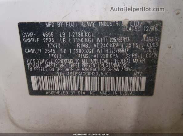 4S4BSACC0H3325901 2017 SUBARU OUTBACK White Widok komory silnika